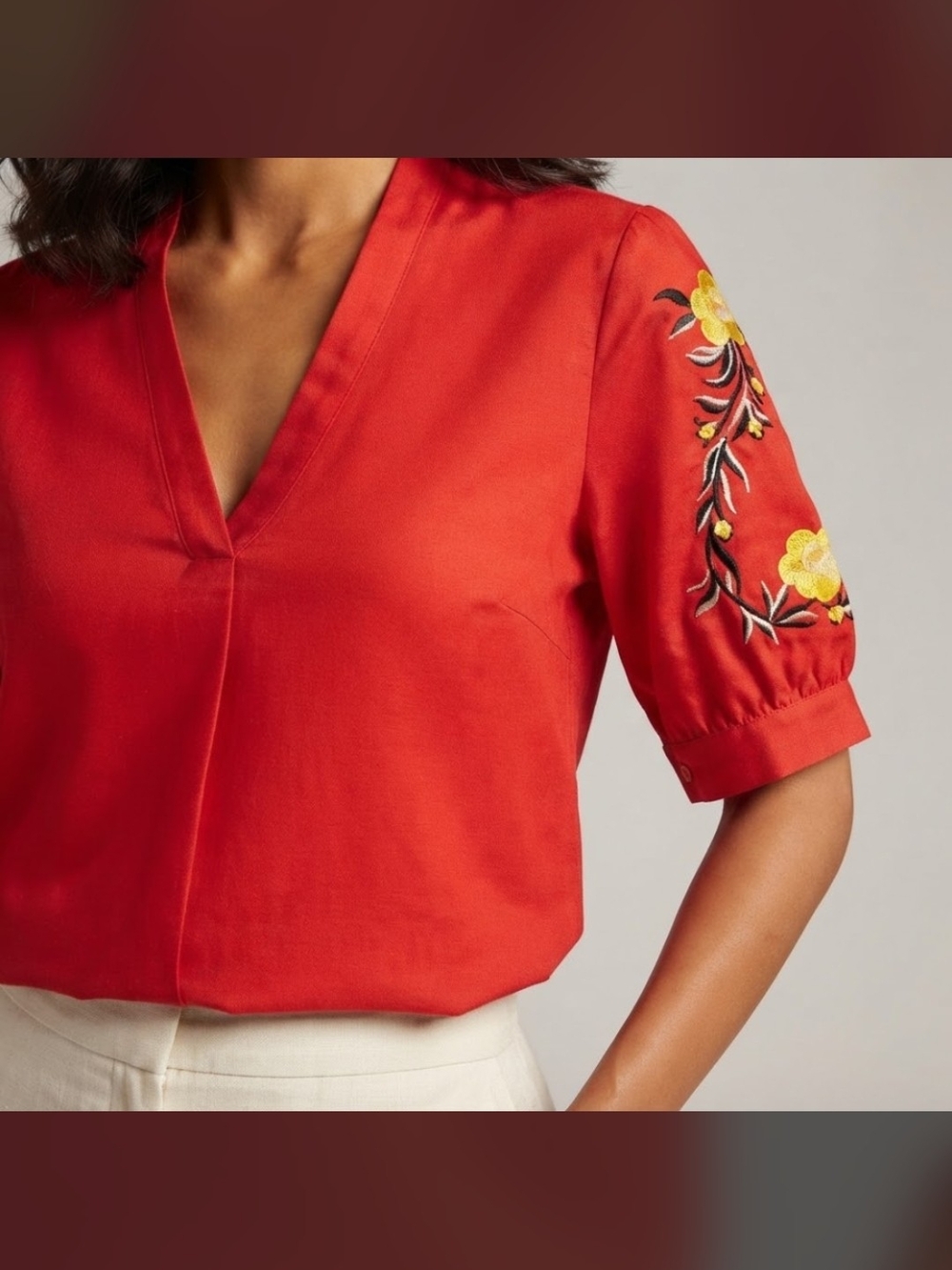 Hannier Red Embroidered Floral V-Neck Blouse Size L (Fits US 12)